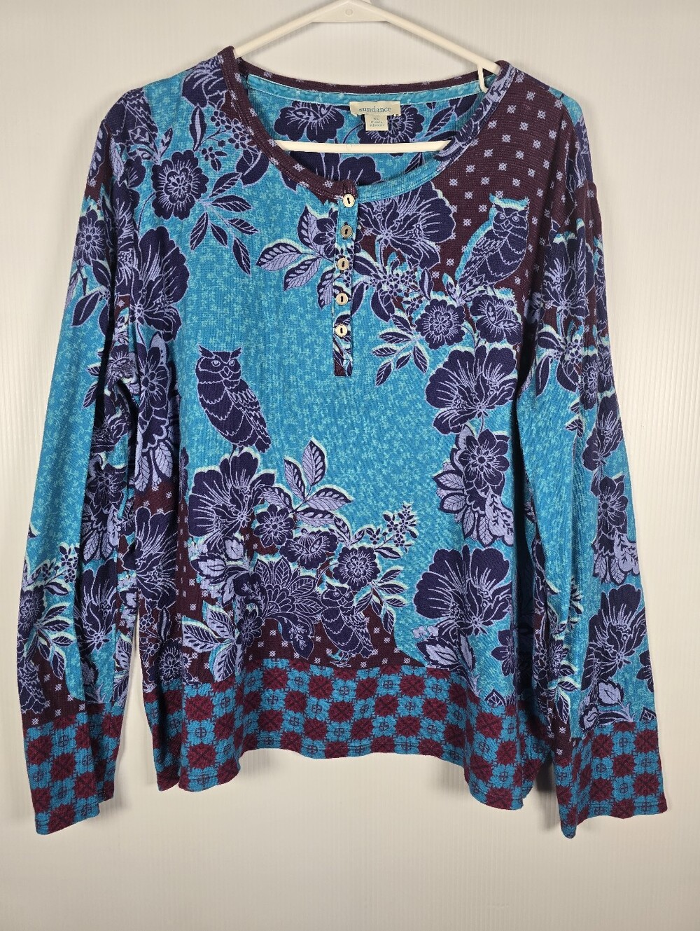 NWOT Sundance Blue & Purple Floral Henley Long Sleeve Top With Owl Graphics XL